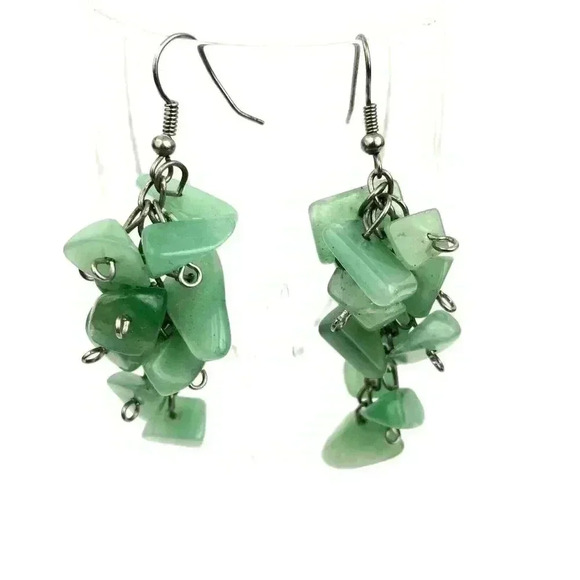 Natural Green Quartz Cluster Earrings Silver Tone Metal Hook Style Jewelry Boho - Picture 5 of 9